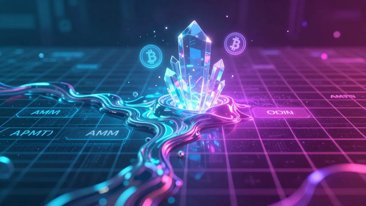 Abstract blend of liquid pools and grid structures symbolizing hybrid trading