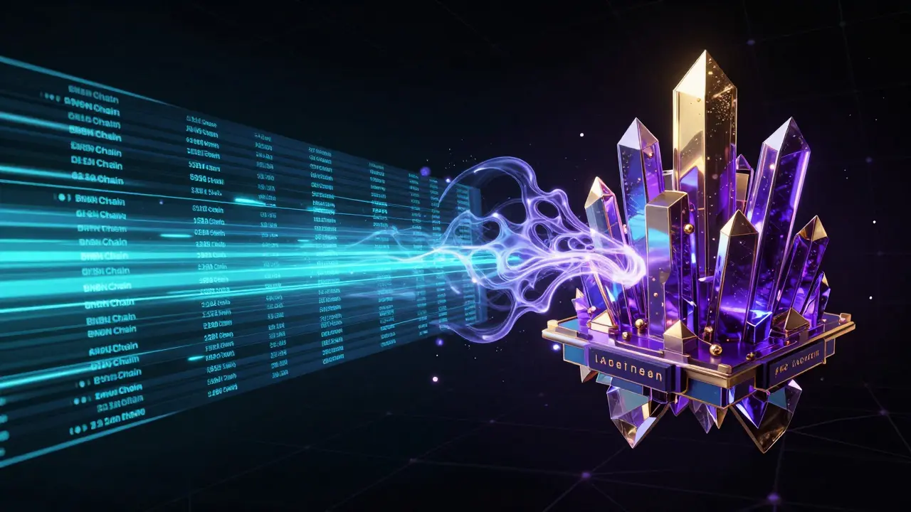 Abstract cyberpunk visualization of hybrid order book and on-chain blockchain structures