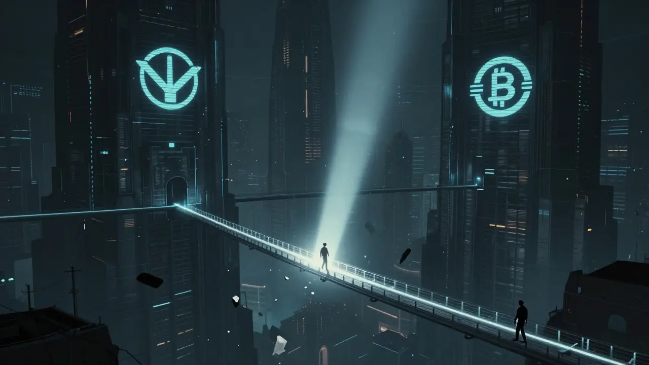 Avatar crossing a fragile light bridge between dark digital fortresses