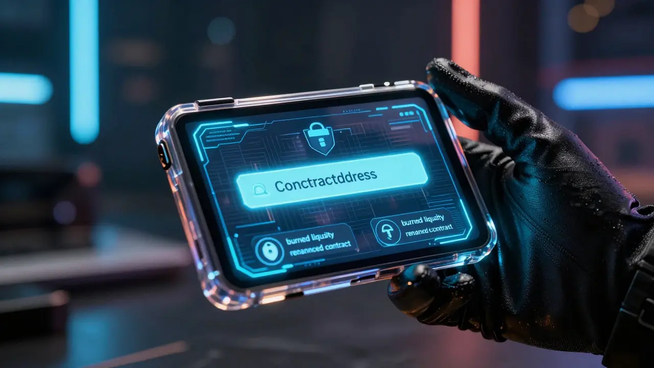 Close-up of a digital wallet verifying a smart contract address in a neon-lit cyberpunk setting.