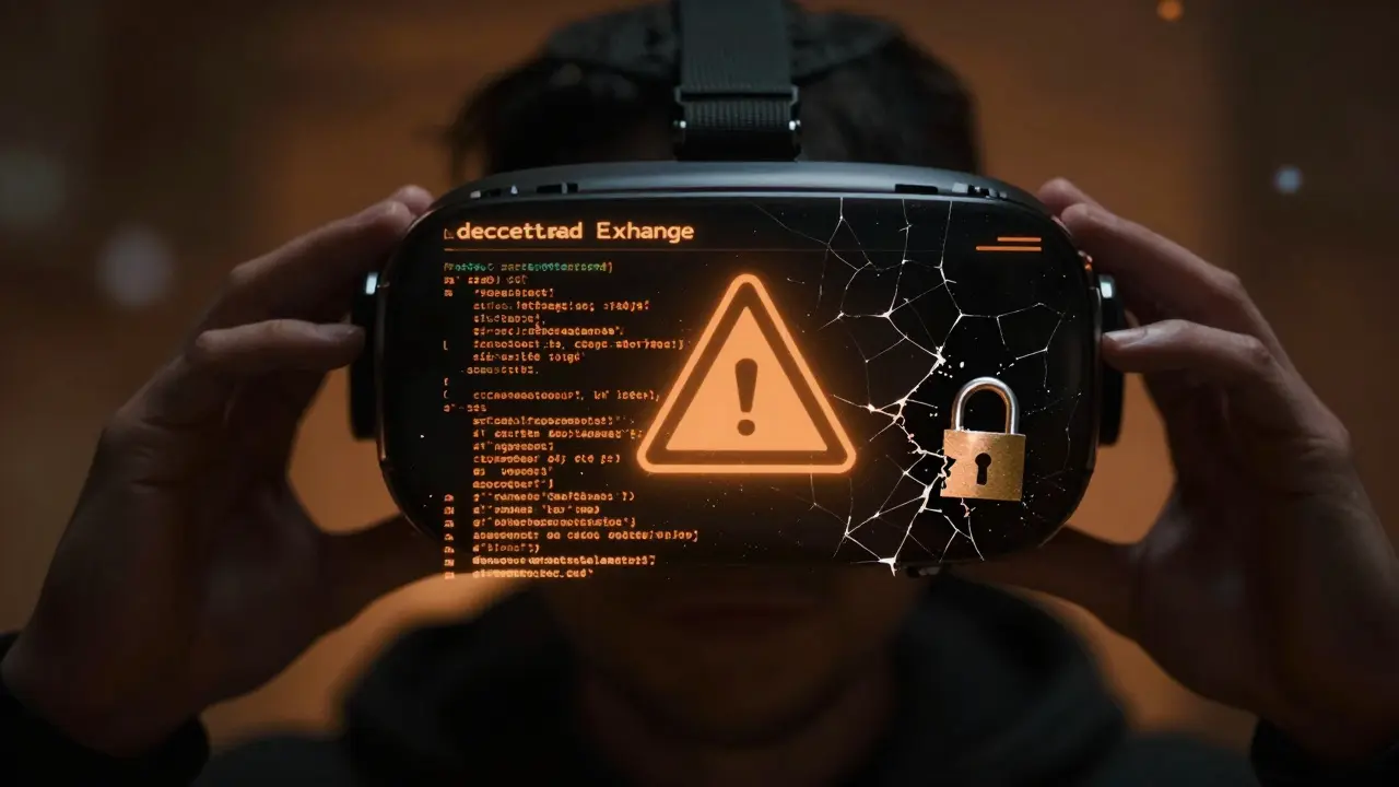 Cracked VR view of a risky crypto swap interface with broken security symbols.