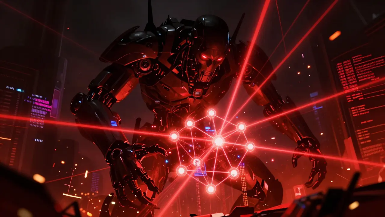 Cybernetic entity attacking a blockchain node with red data streams in a dark digital space.