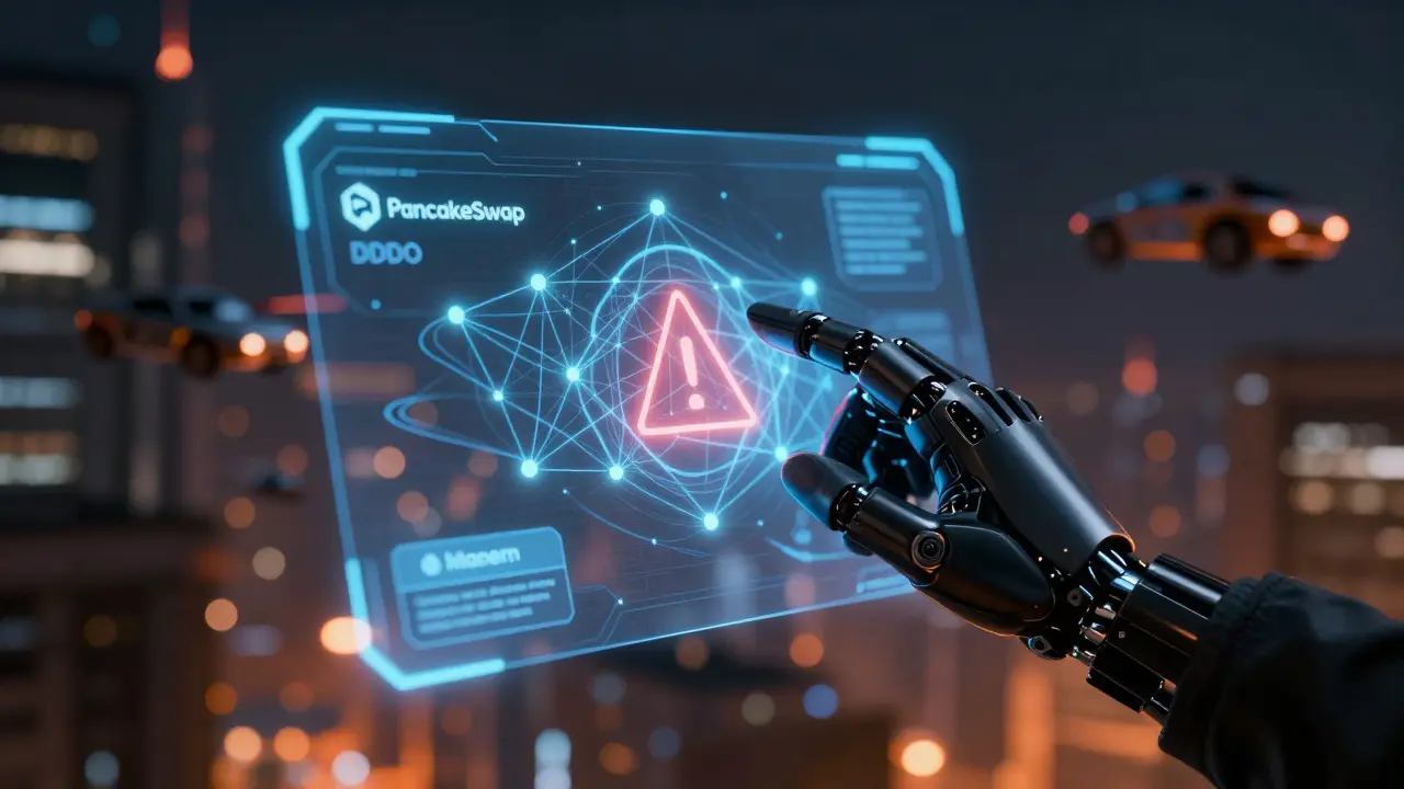 Cybernetic hand hovering over a risky holographic crypto trade interface