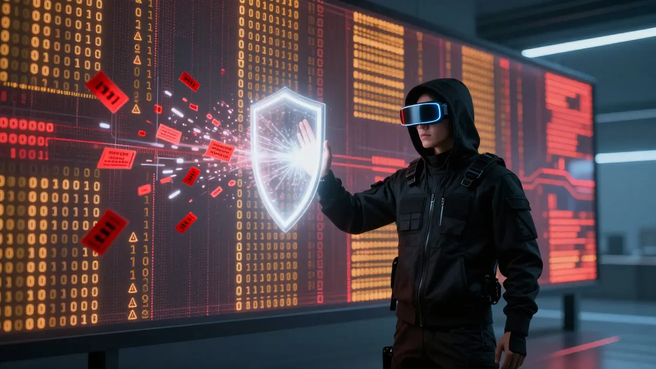 Cyberpunk art of a user blocking malicious data attacks with a digital shield in a high-tech security setting.