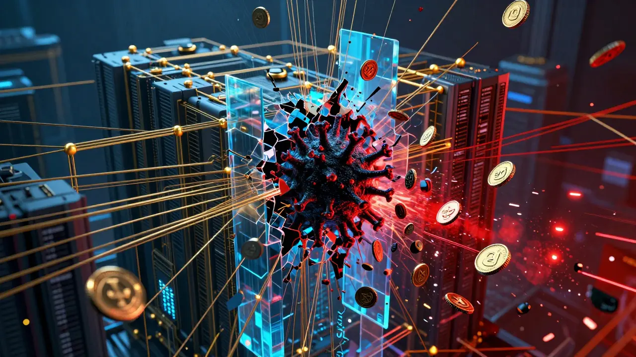 Cyberpunk illustration of a blockchain security breach with corrupted tokens spilling from a shattered digital network.