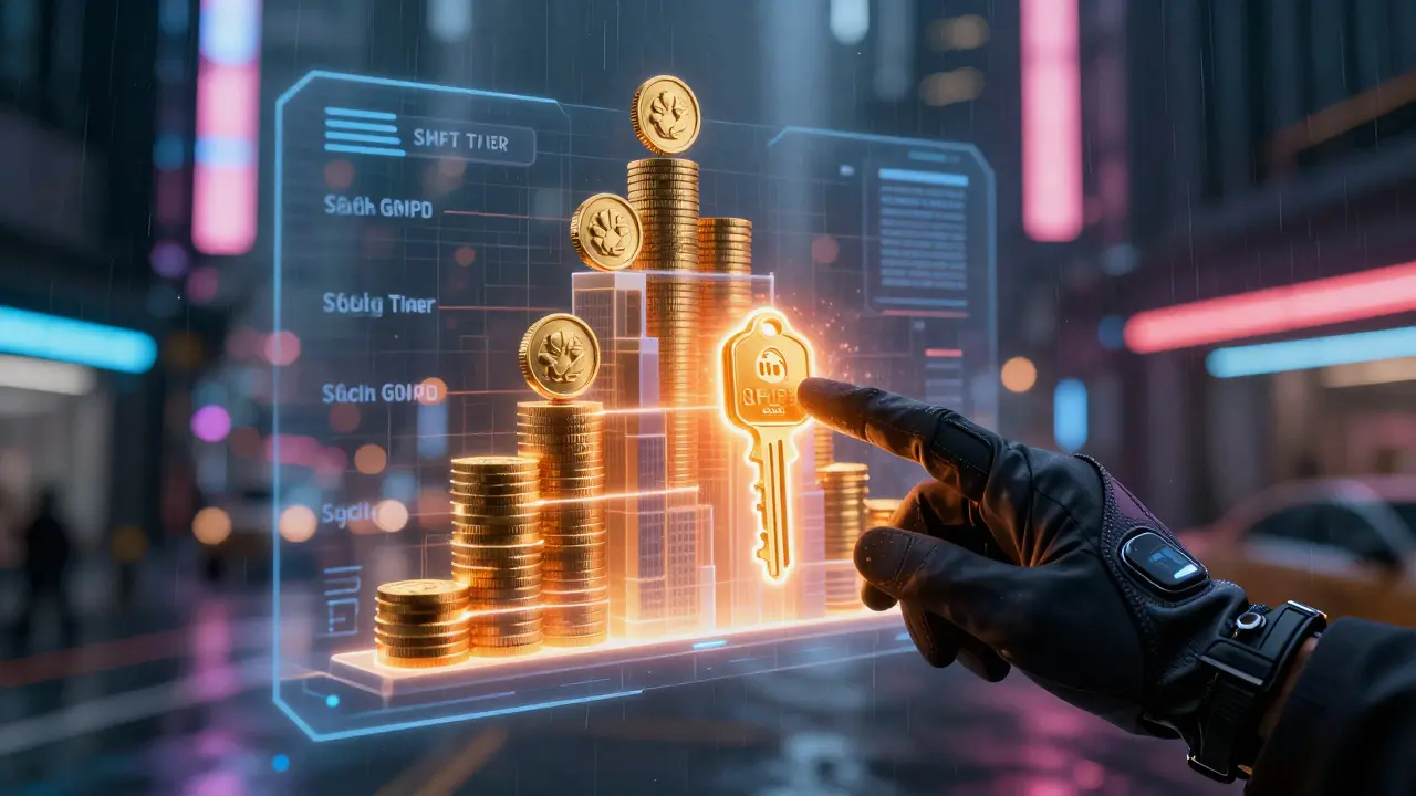 Cyberpunk style holographic display showing tiered staking levels and glowing NFT keys