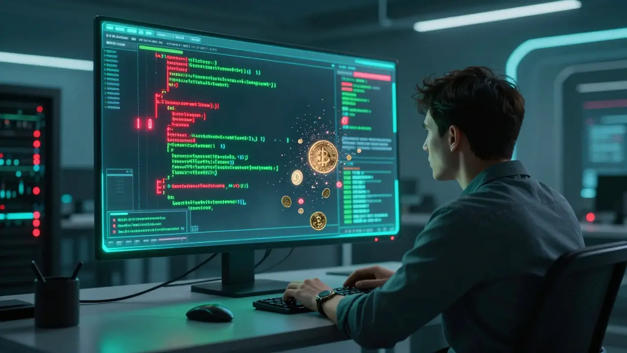 Developer viewing a buggy smart contract with dissolving crypto tokens in a futuristic server room.