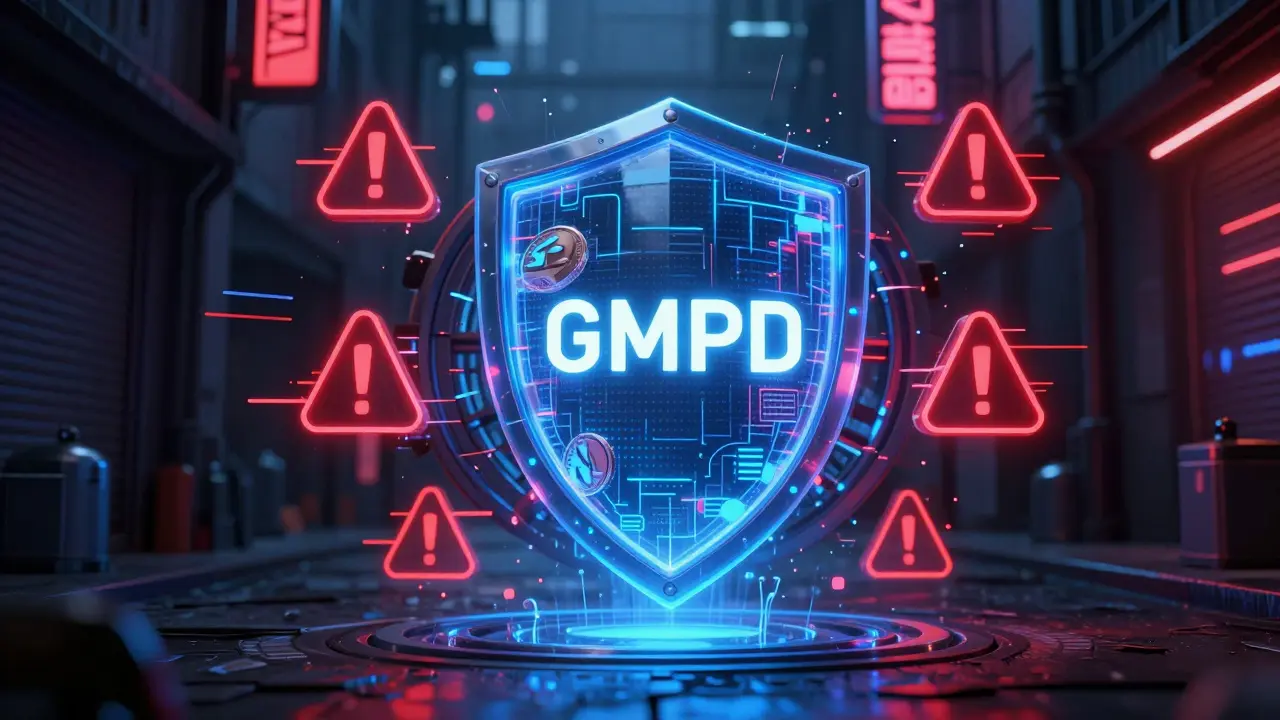 Digital shield protecting crypto assets from red glitchy scam symbols in a neon alley