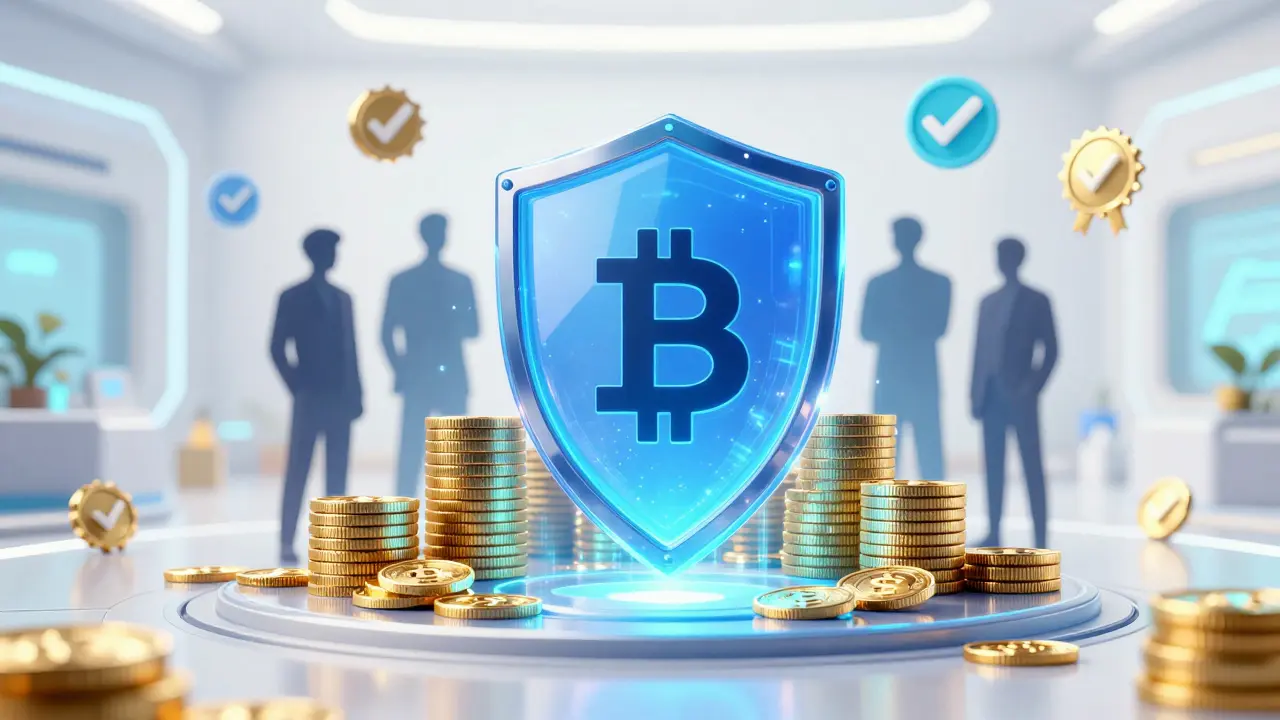 Digital shield protecting crypto assets in a secure cyberpunk vault