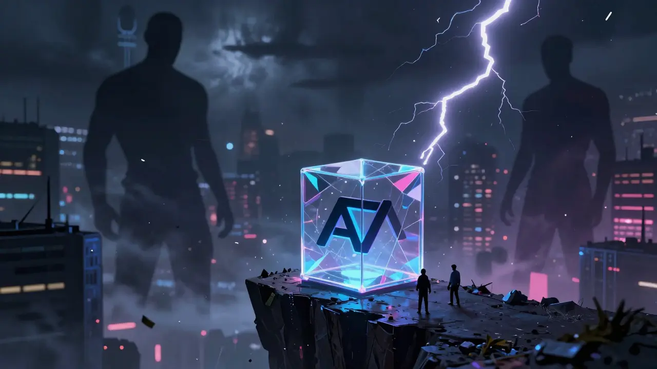 Fragile crypto project structure facing giant competitors in a stormy cybercity.