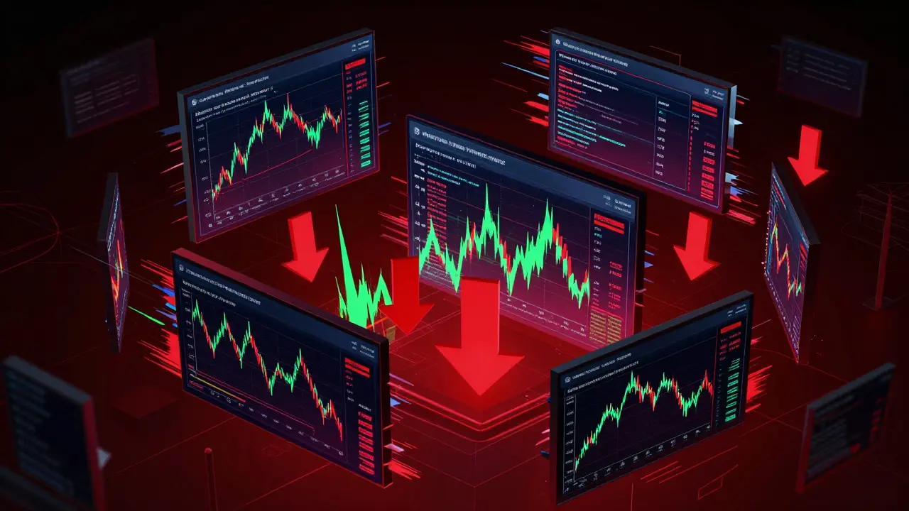 Fragmented screens showing volatile MATT token prices in glitch art