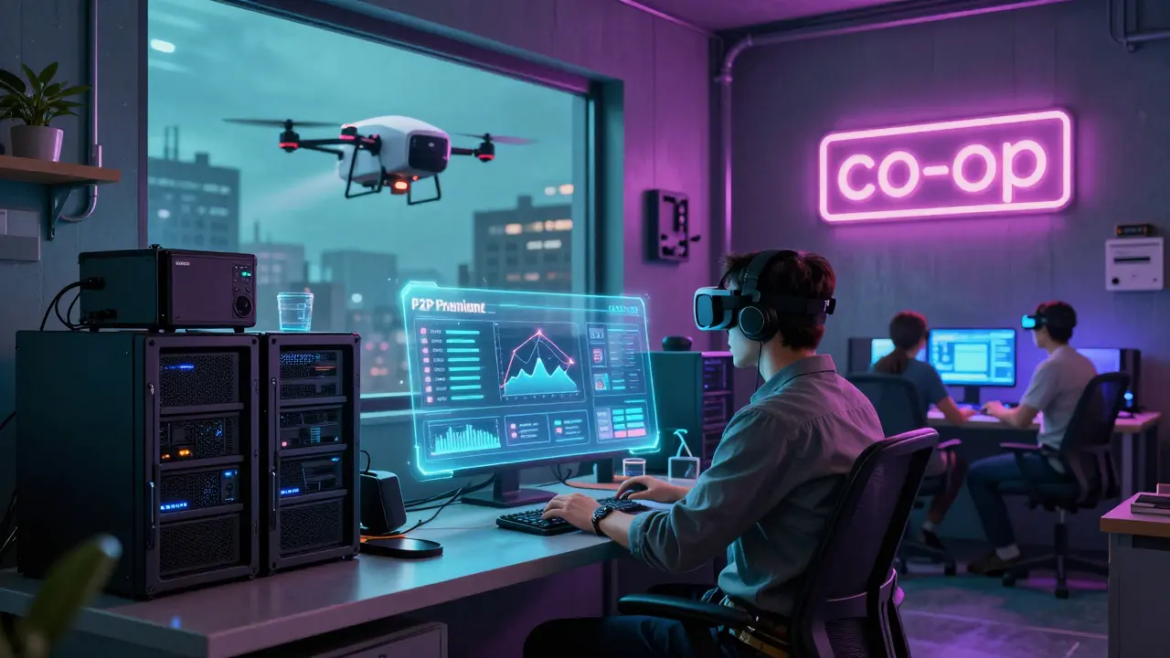 Freelancer viewing holographic insurance dashboard in a high-tech cyberpunk apartment setting.