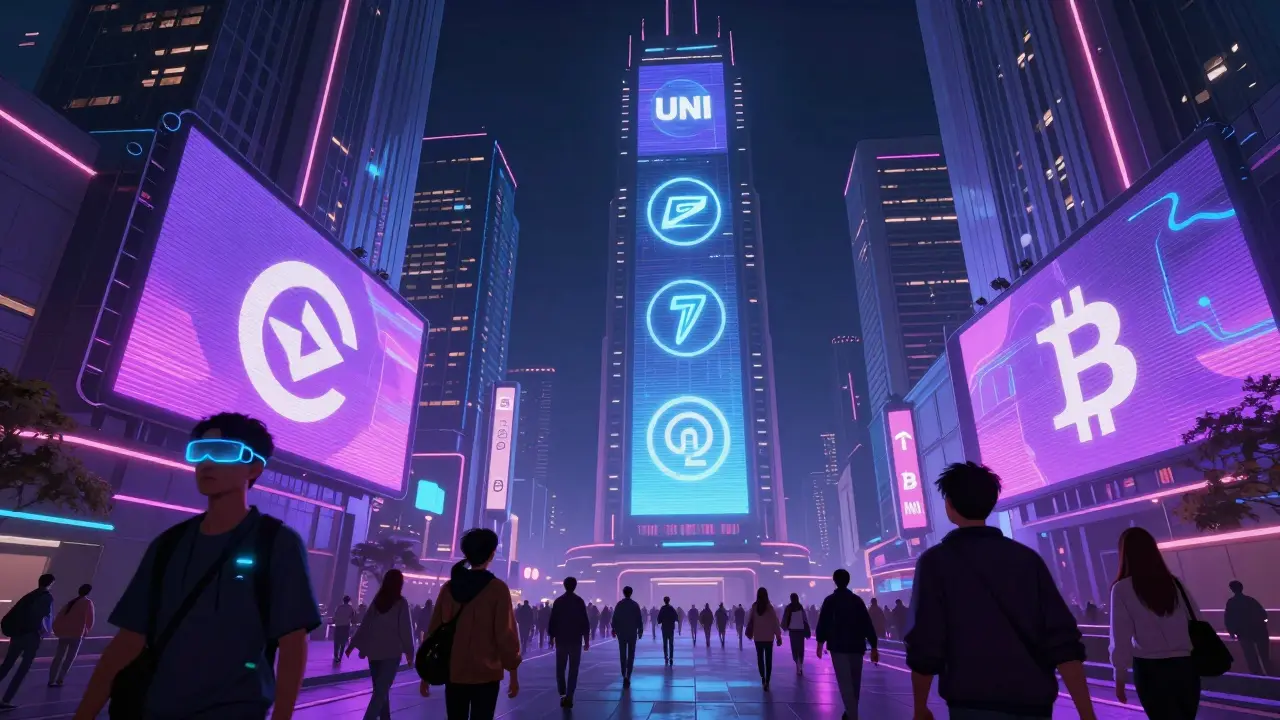 Futuristic cityscape with huge holographic exchange logos and AR-equipped pedestrians.