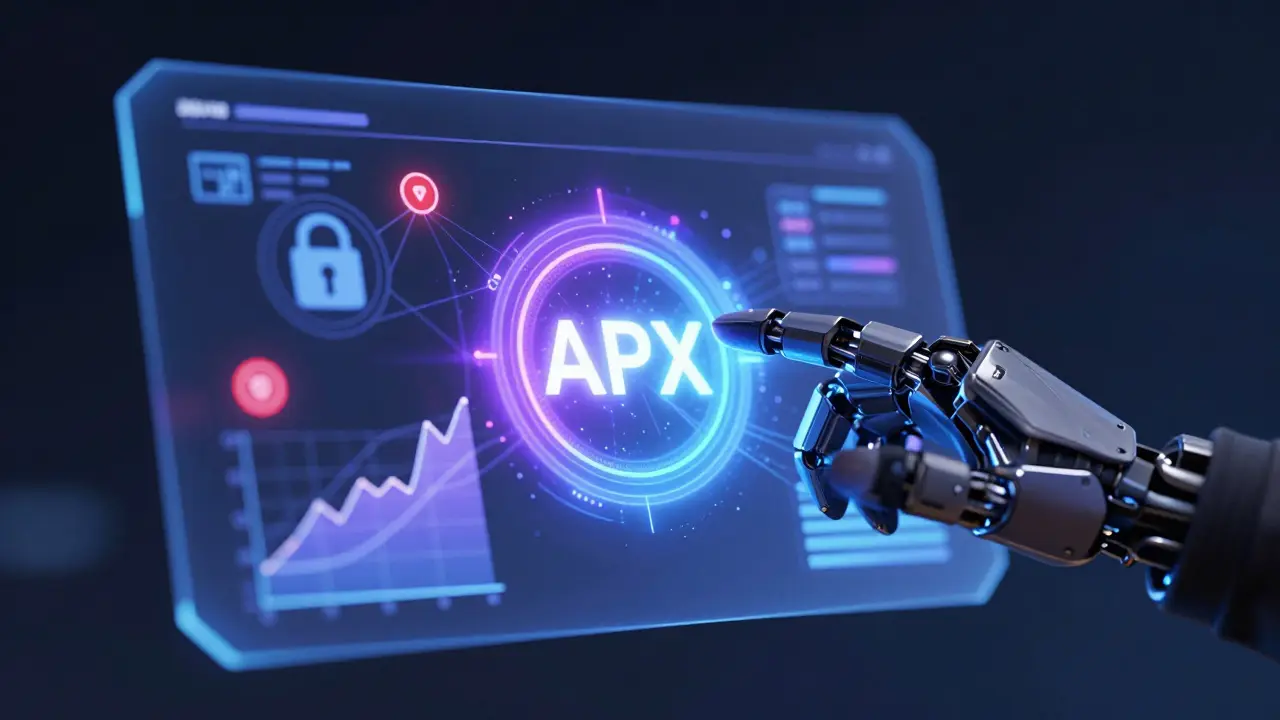 Futuristic hand interacting with a glowing APX token and security lock symbols