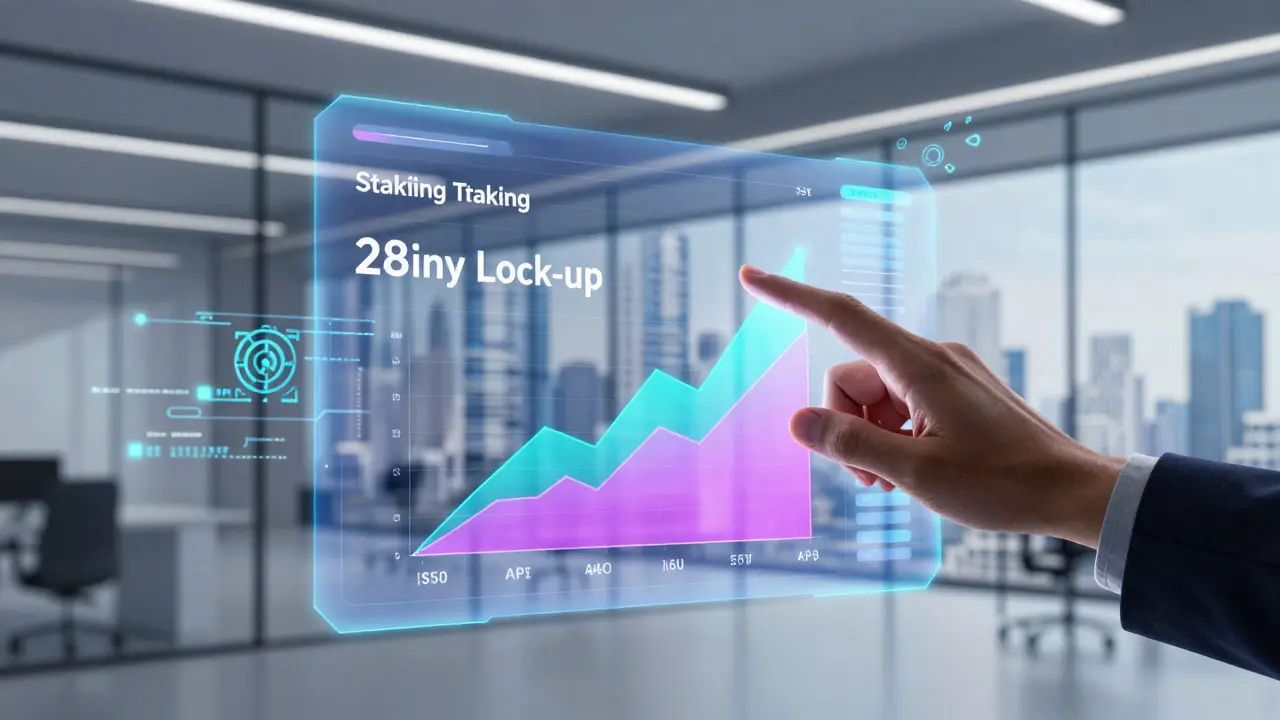 Futuristic holographic dashboard showing staking yields and lock-up timers in cyber style.