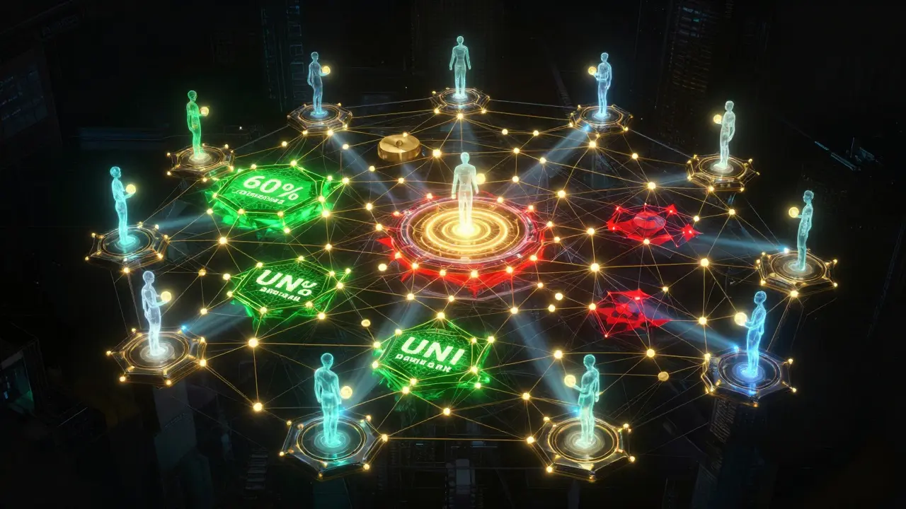 Futuristic visualization of token distribution networks showing community vs central control.