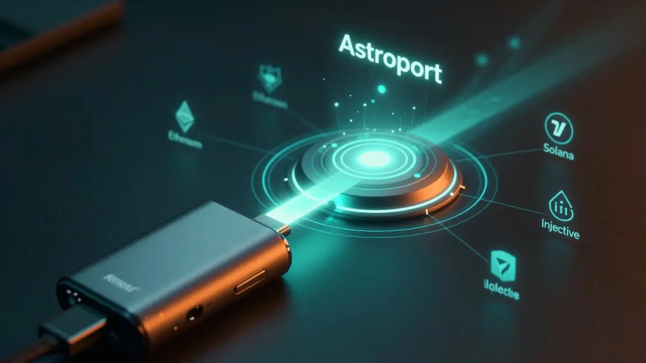 Futuristic wallet connecting to a decentralized finance network hub