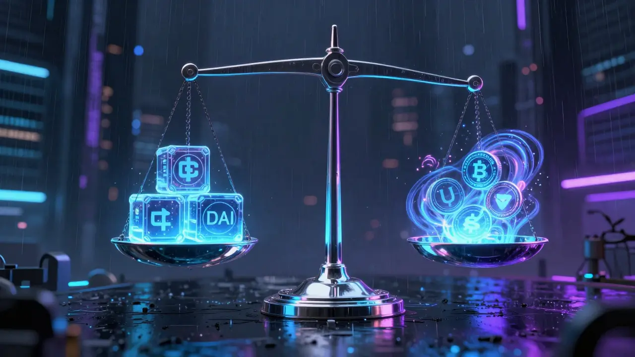 Glass scale balancing stablecoins and yield energy in a futuristic cyberpunk city