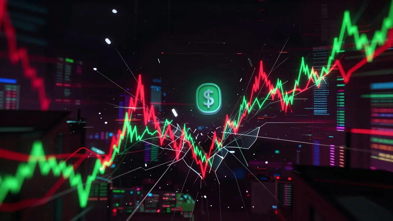Glitching digital chart showing erratic price spikes and a fragile token over a void.