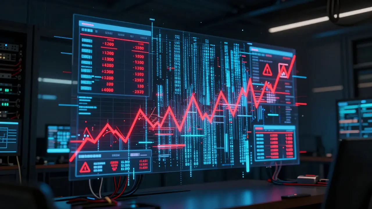 Glitching digital price charts and data streams illustrating market volatility and confusion.