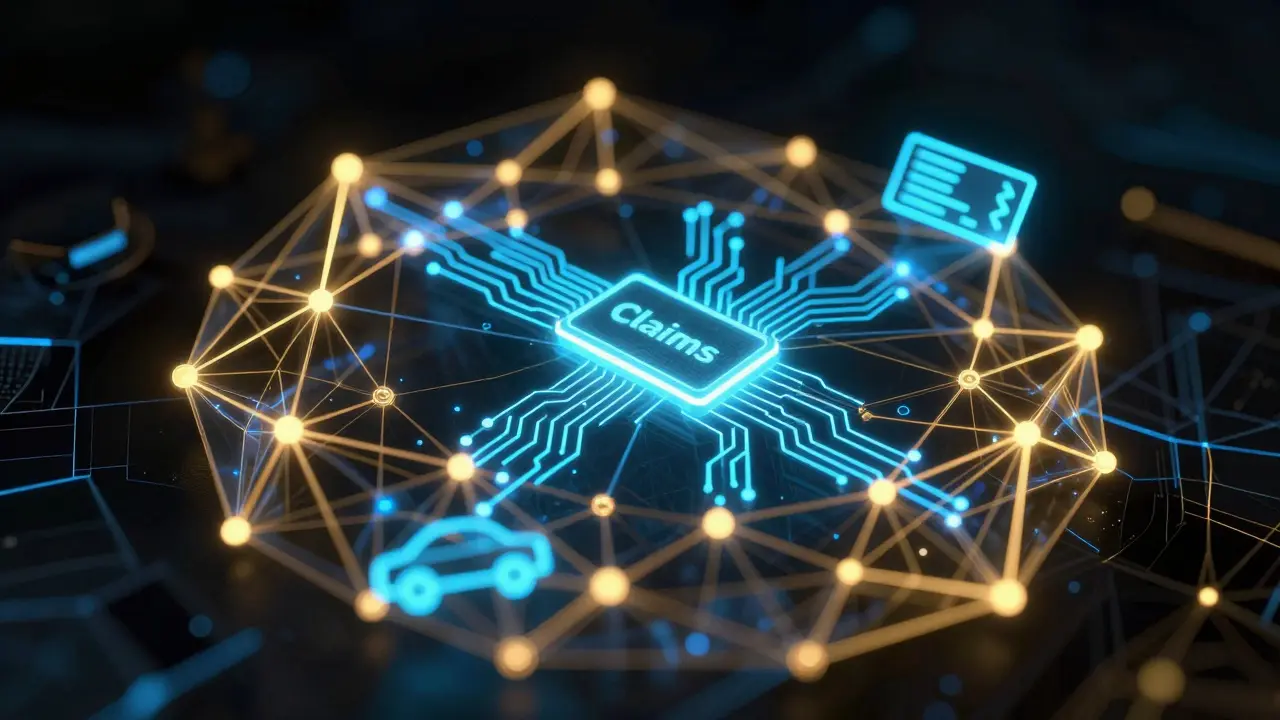 Glowing blockchain network nodes verifying insurance claims with automated smart contract circuits.