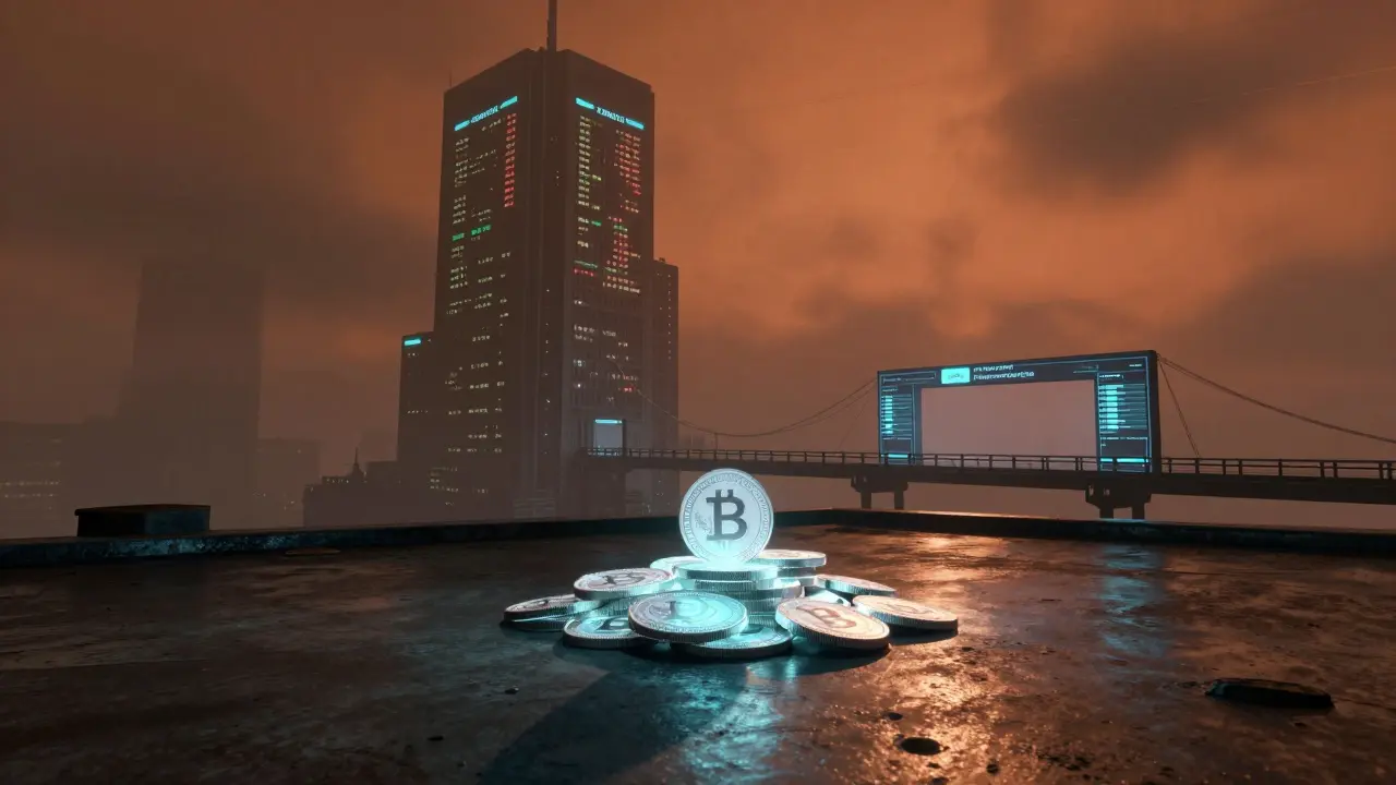 Glowing crypto tokens on metal surface with looming skyscraper in background