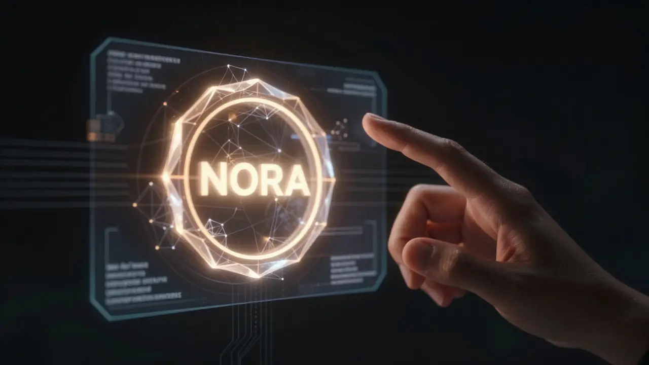 Glowing NORA token crystal surrounded by blockchain data streams in a dark void