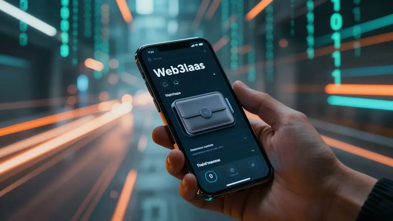 Hand holding phone with crypto wallet in neon data tunnel