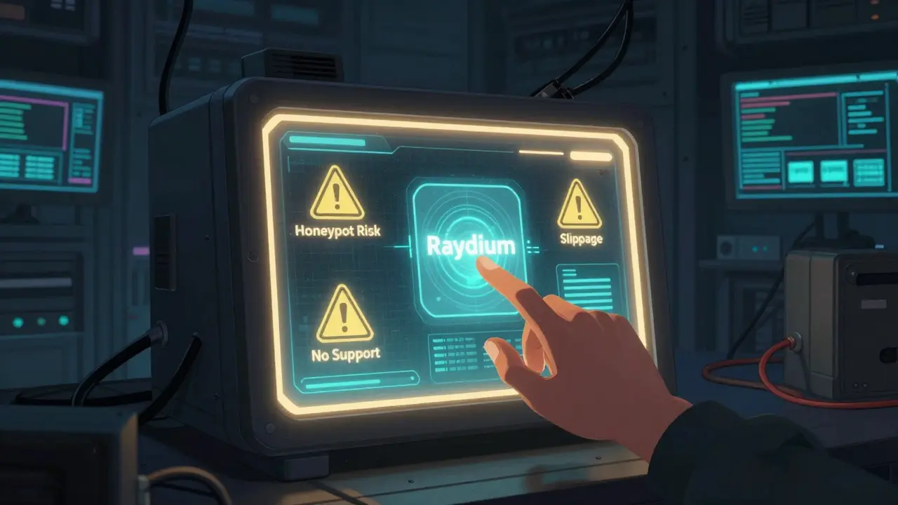 Hand hovering over risky crypto trade terminal with warning symbols in neon