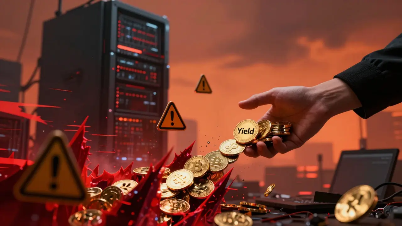 Hand reaching for digital yield coins amidst red glitch warnings and server towers