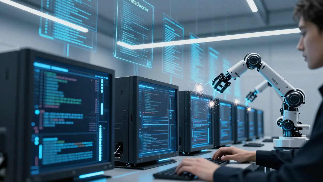 High-tech server room with cascading code representing developer activity and security.
