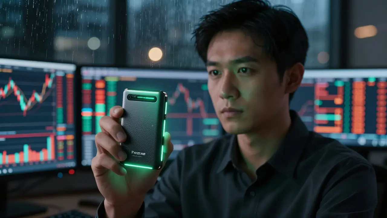 Investor holding hardware wallet amidst chaotic market screens