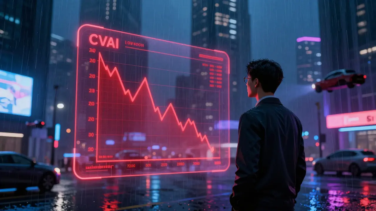 Investor viewing volatile crypto chart in neon city