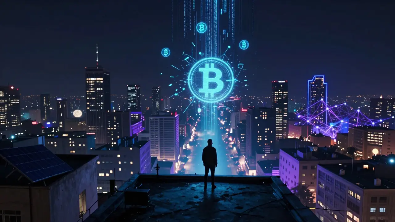 Lone figure watching digital barriers block crypto access