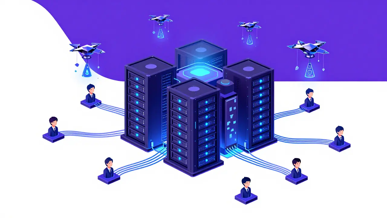 Neon-lit server farm representing Lido's pooled validator network and data oracles