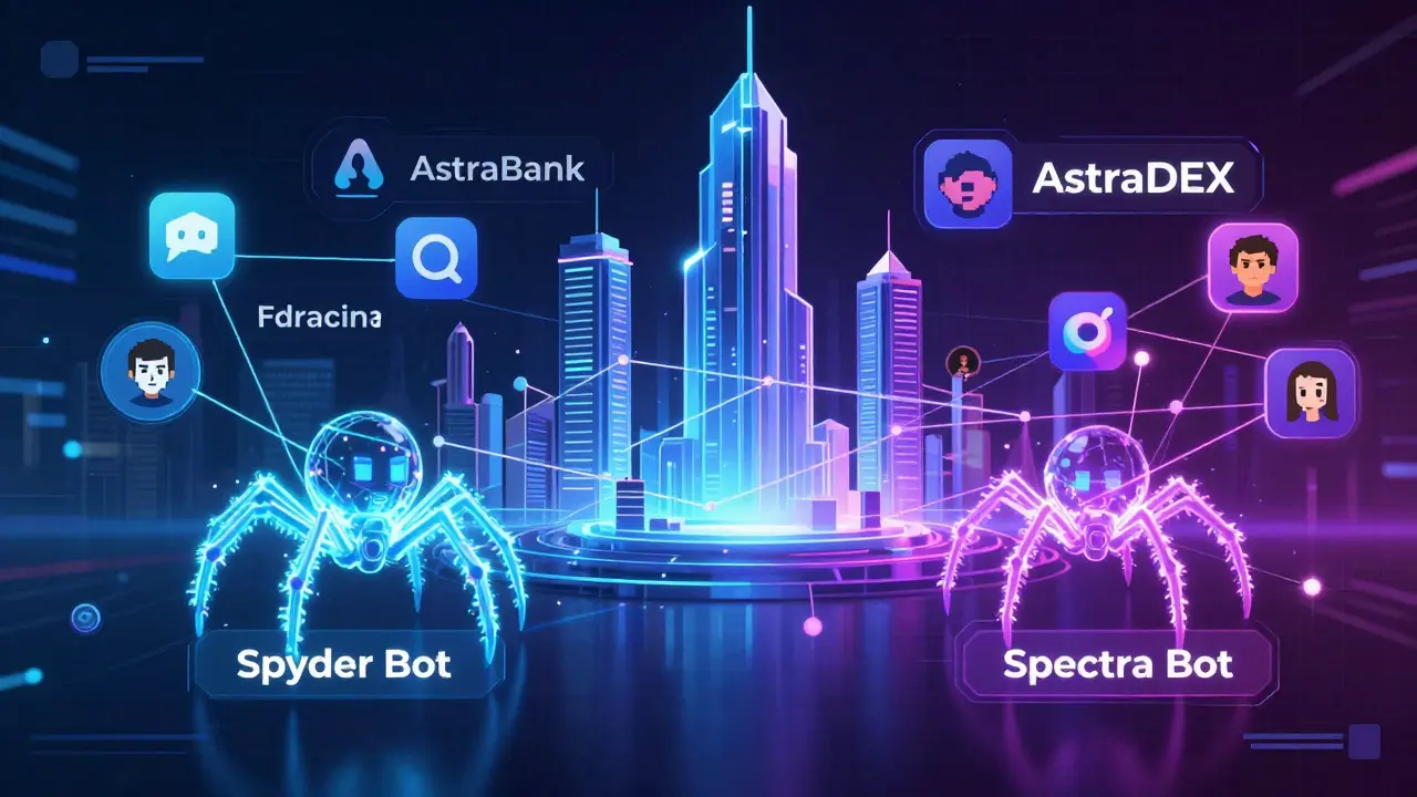 Neural network bots analyzing social data in a futuristic cyberpunk interface.