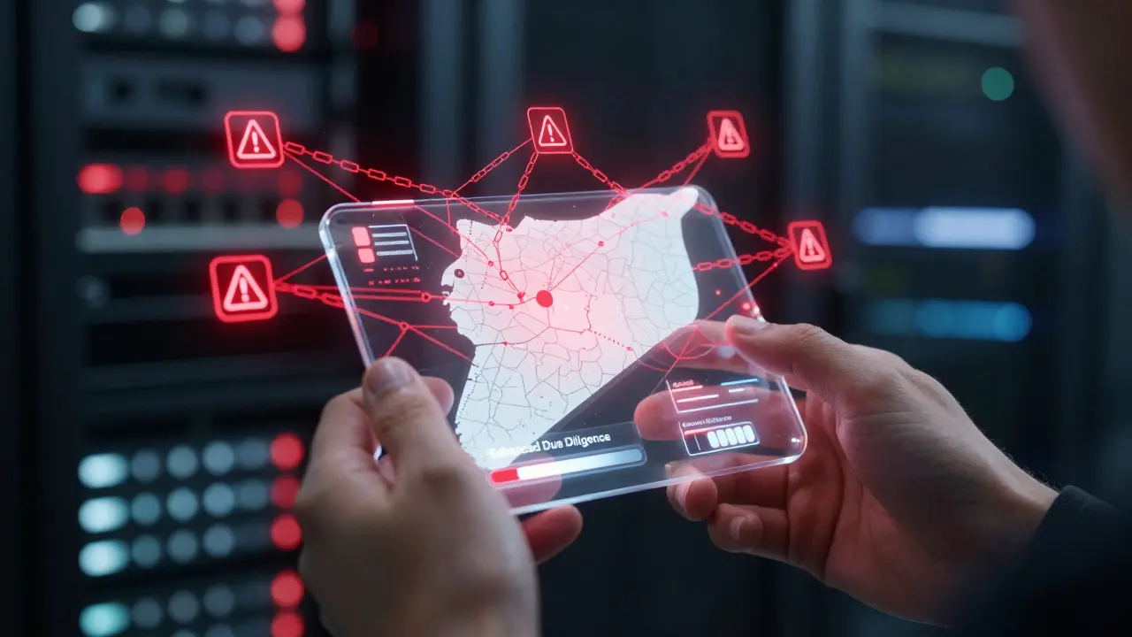 Person holding device showing red warnings and tangled chains on a map