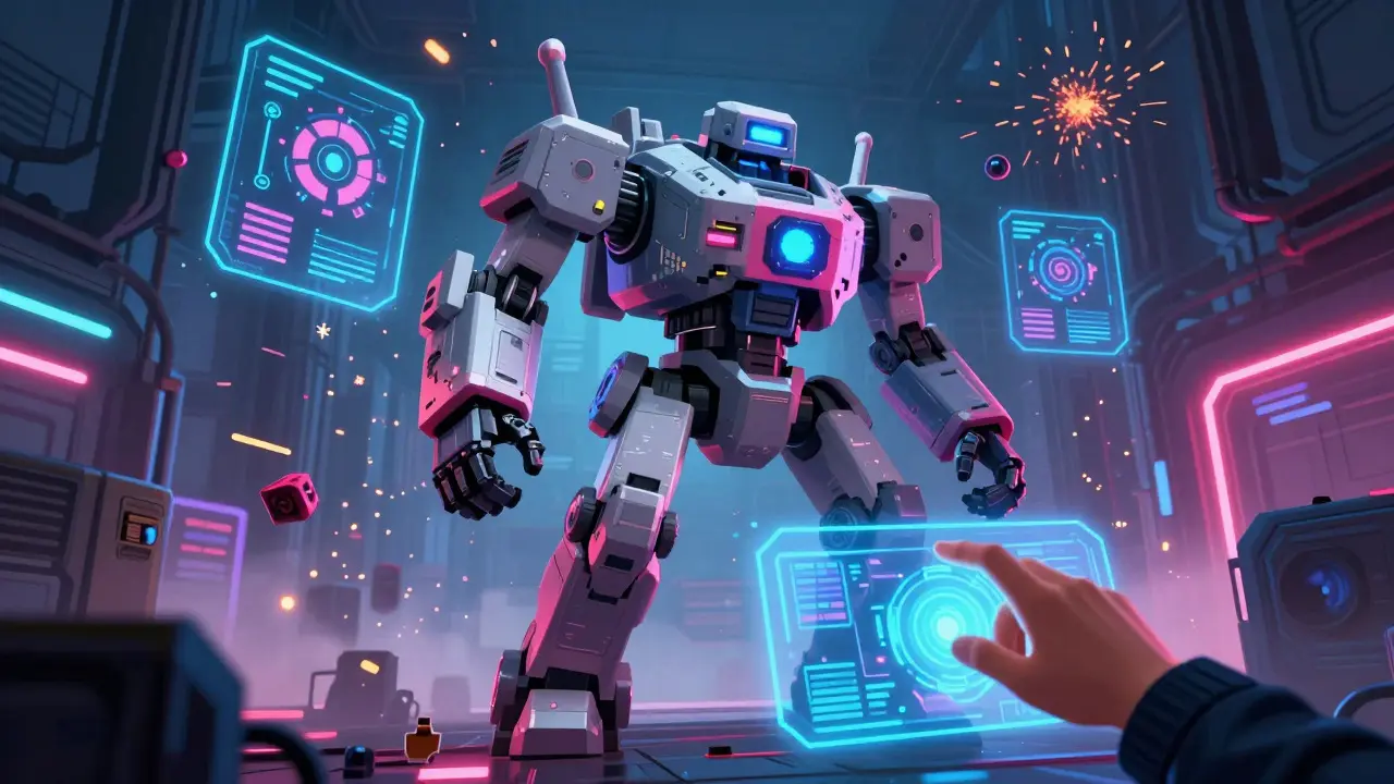 Pixel-art war robot in neon cyberpunk arena with holographic parts