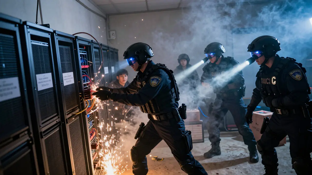 Police seizing mining equipment during a cyberpunk raid