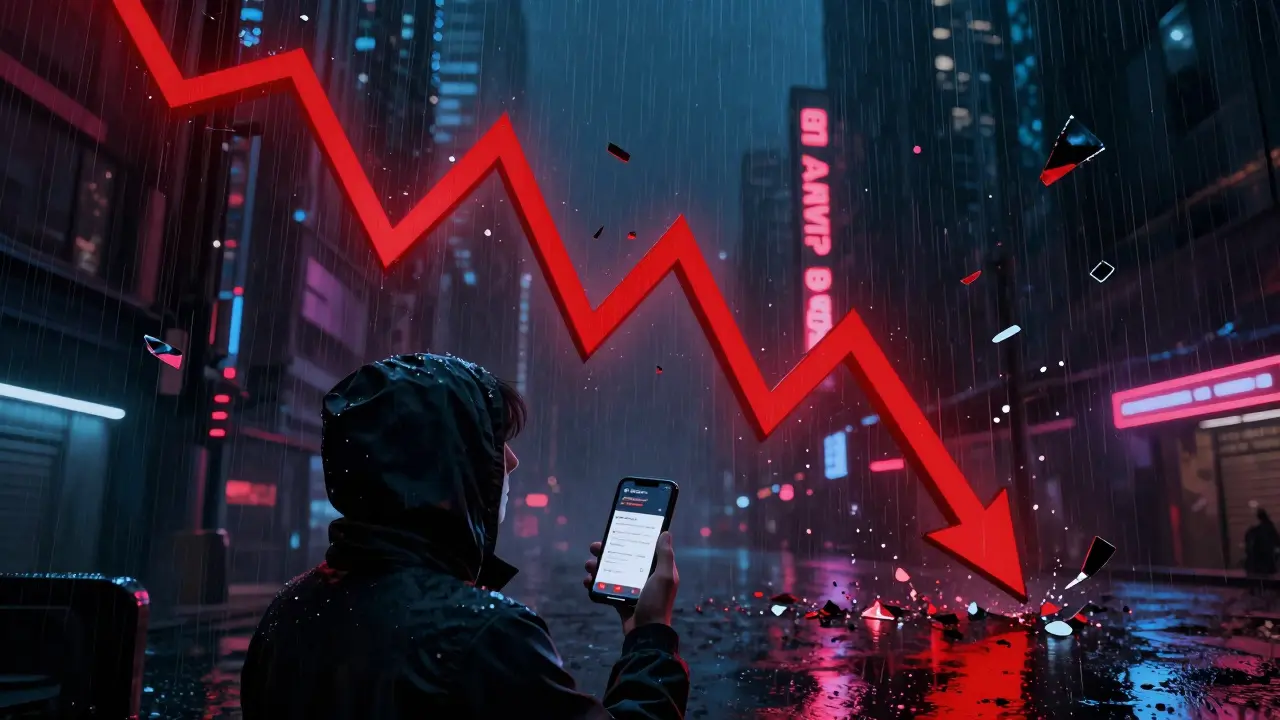 Red graph crashing down in a rainy cyberpunk city representing crypto losses