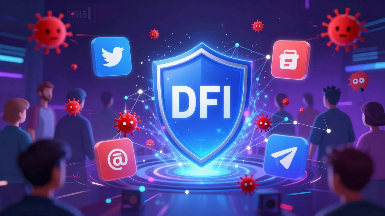 Shielded crypto token protected from glitches and scams amidst social media icons.