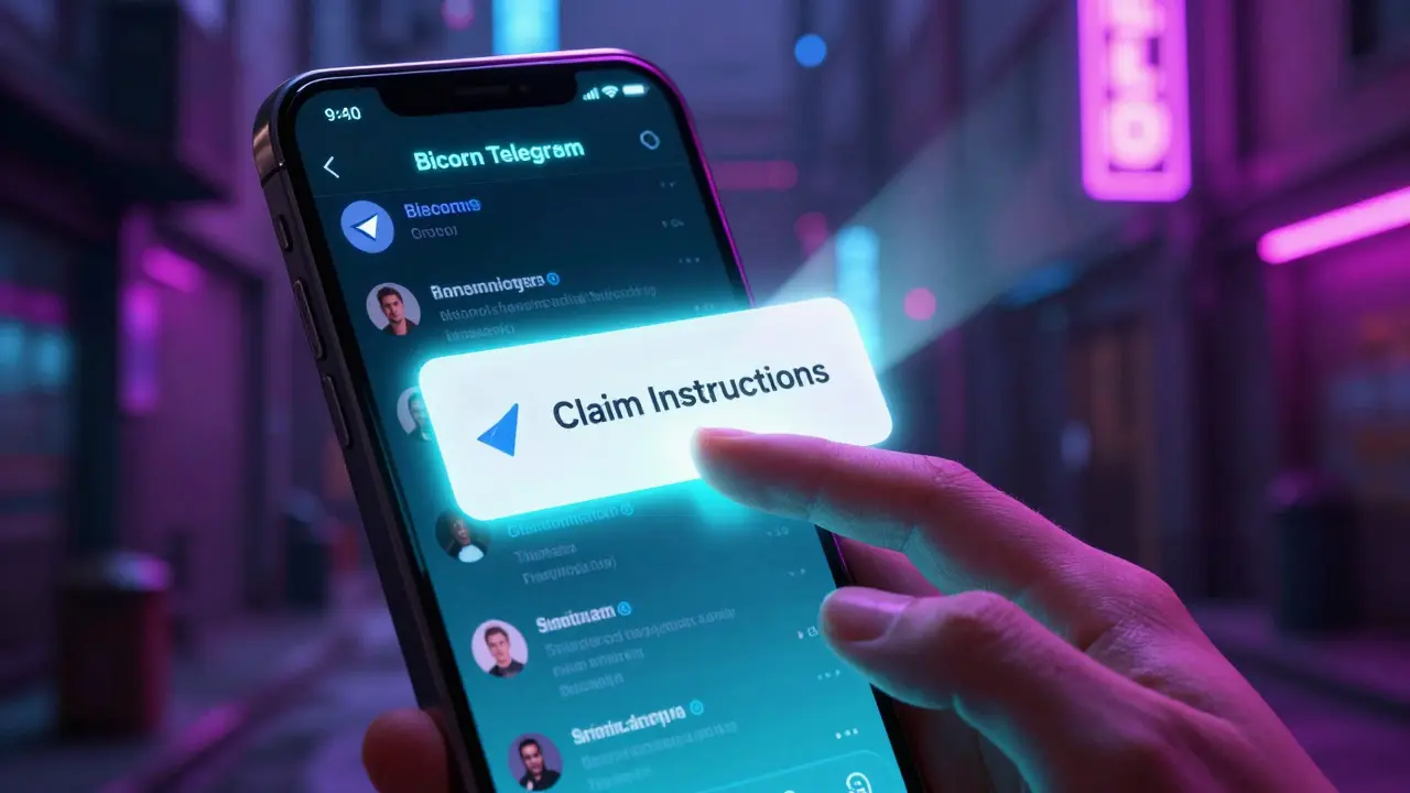 Smartphone showing telegram claim instructions in neon-lit cyberpunk alley