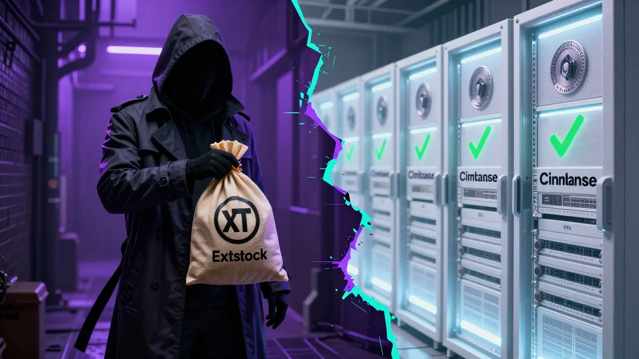Split image contrasting shady crypto scammer with secure exchange servers