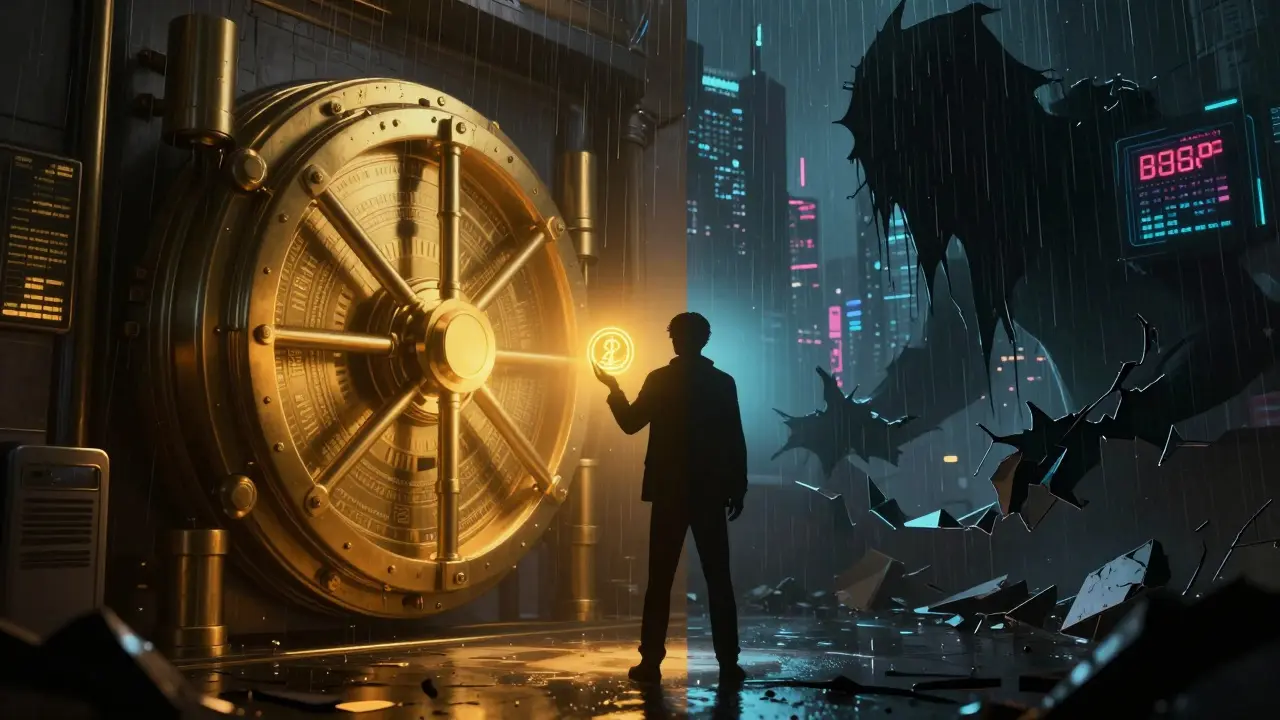 Split scene showing staking rewards vs regulatory risks in a neon cyberpunk city.