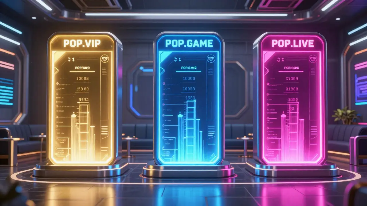 Three digital portals for POPG VIP, Game, and Live platforms in cyberpunk style