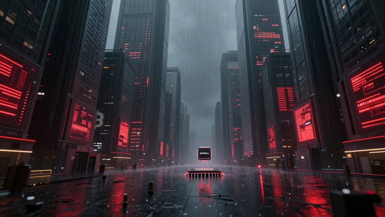 Tiny crypto token floating alone in a vast, rainy dystopian digital cityscape