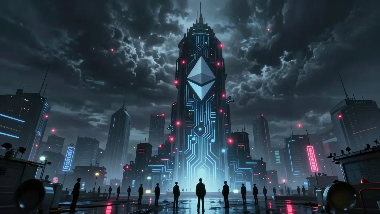 Towering cyberpunk structure symbolizing centralization risks in Ethereum staking