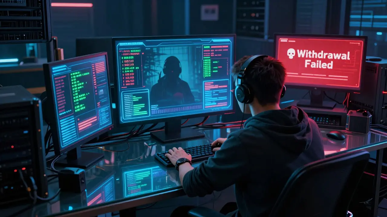 Trader facing fake profit dashboard and withdrawal error on holographic screens