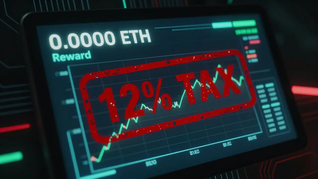 Trading screen showing zero rewards and high tax in neon cyberpunk style
