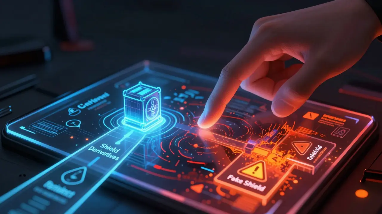 User choosing between legitimate and fake crypto projects in cyberpunk art